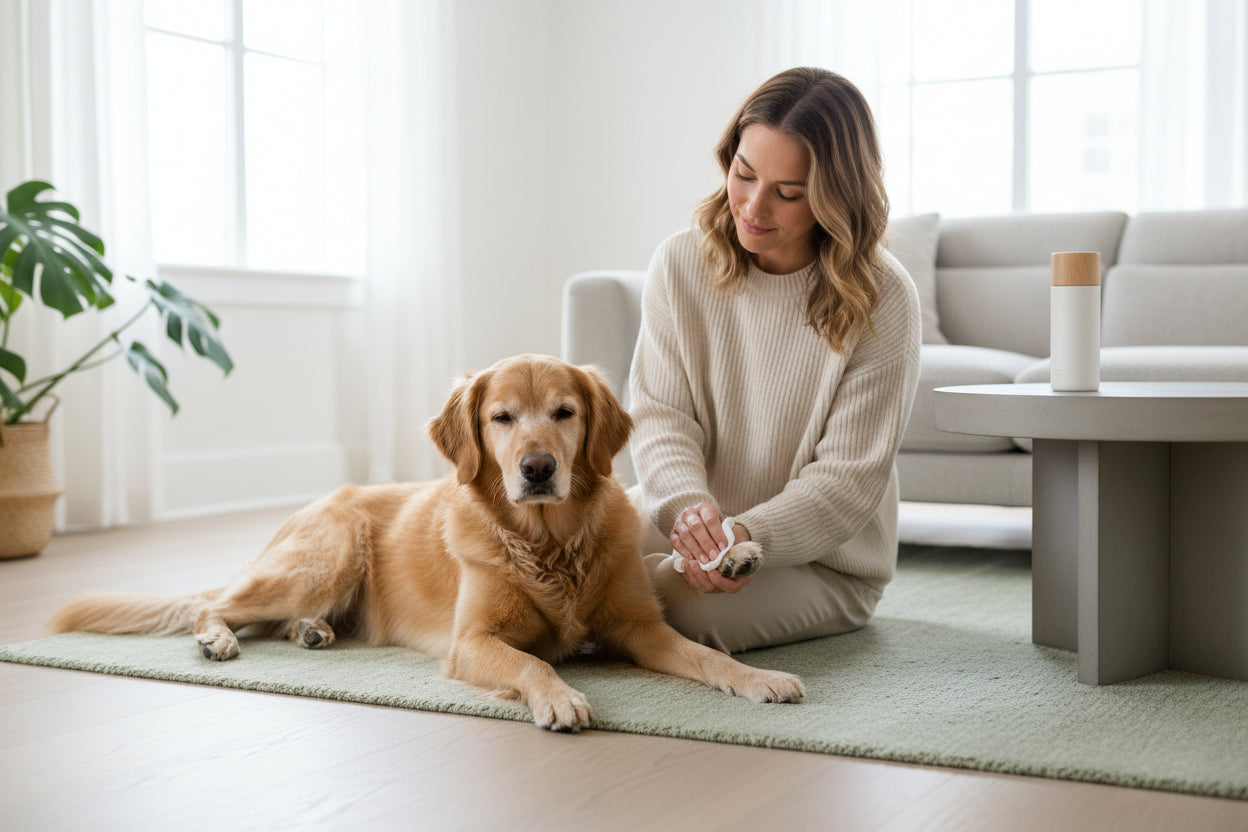 Woman sitting on the floor with a dog in a bright living room